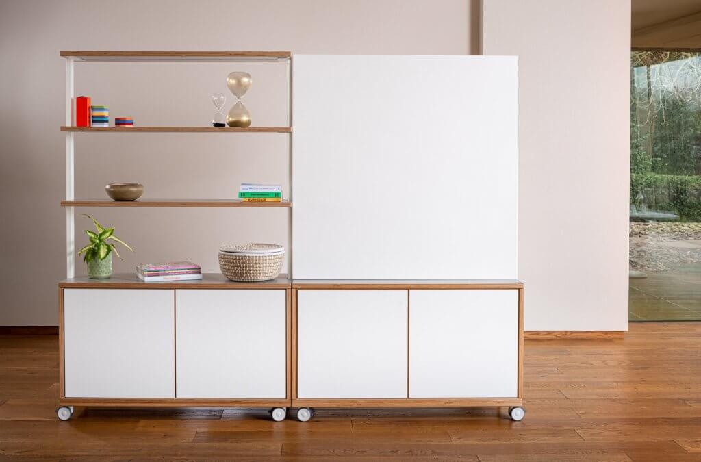Mobile whiteboard storage units with built in cupboards, shelves and