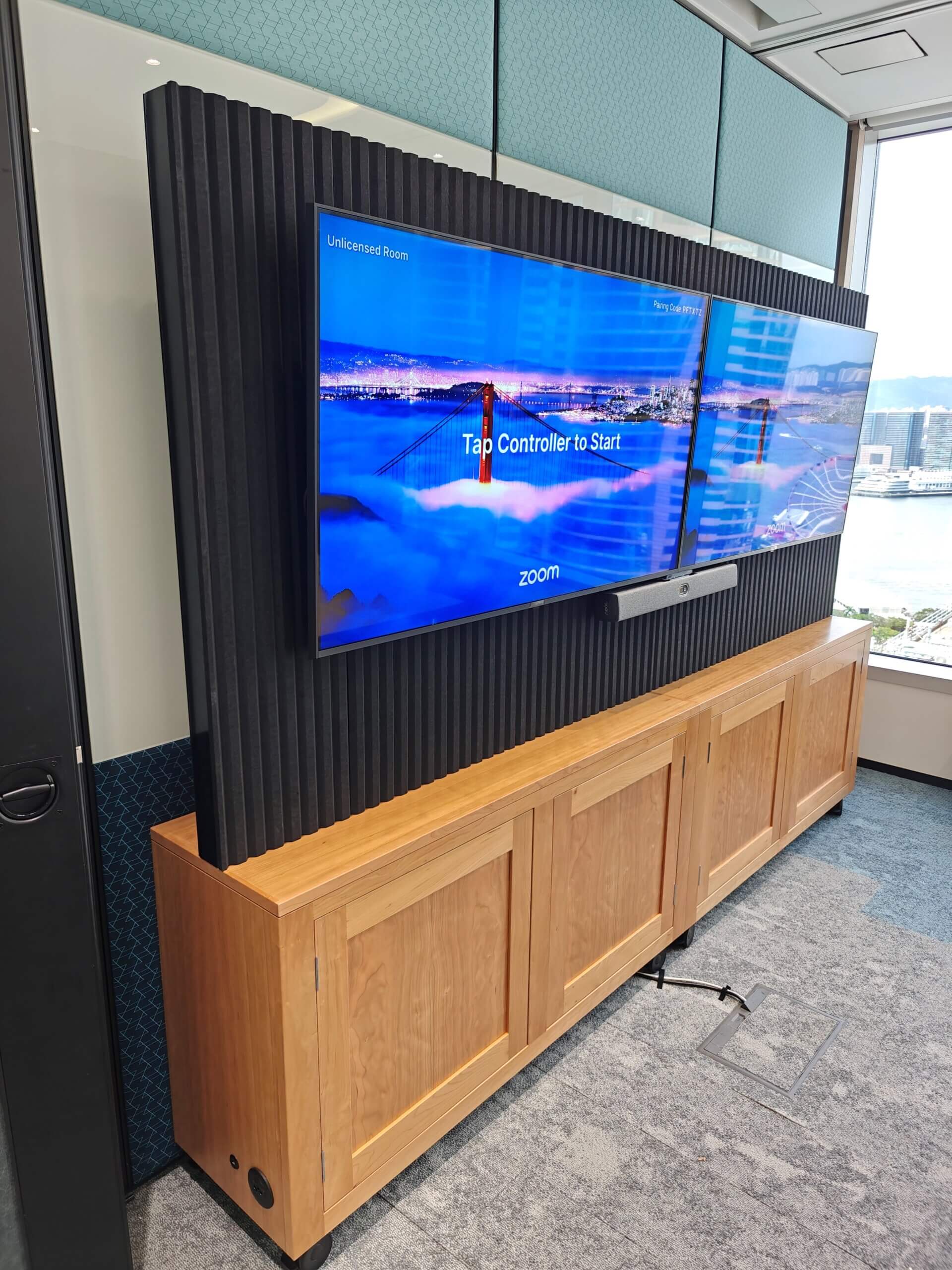 ThinkingWall Cupboard Combi extra large acoustic storage divider with AV and wooden cabinet base for Enfusion