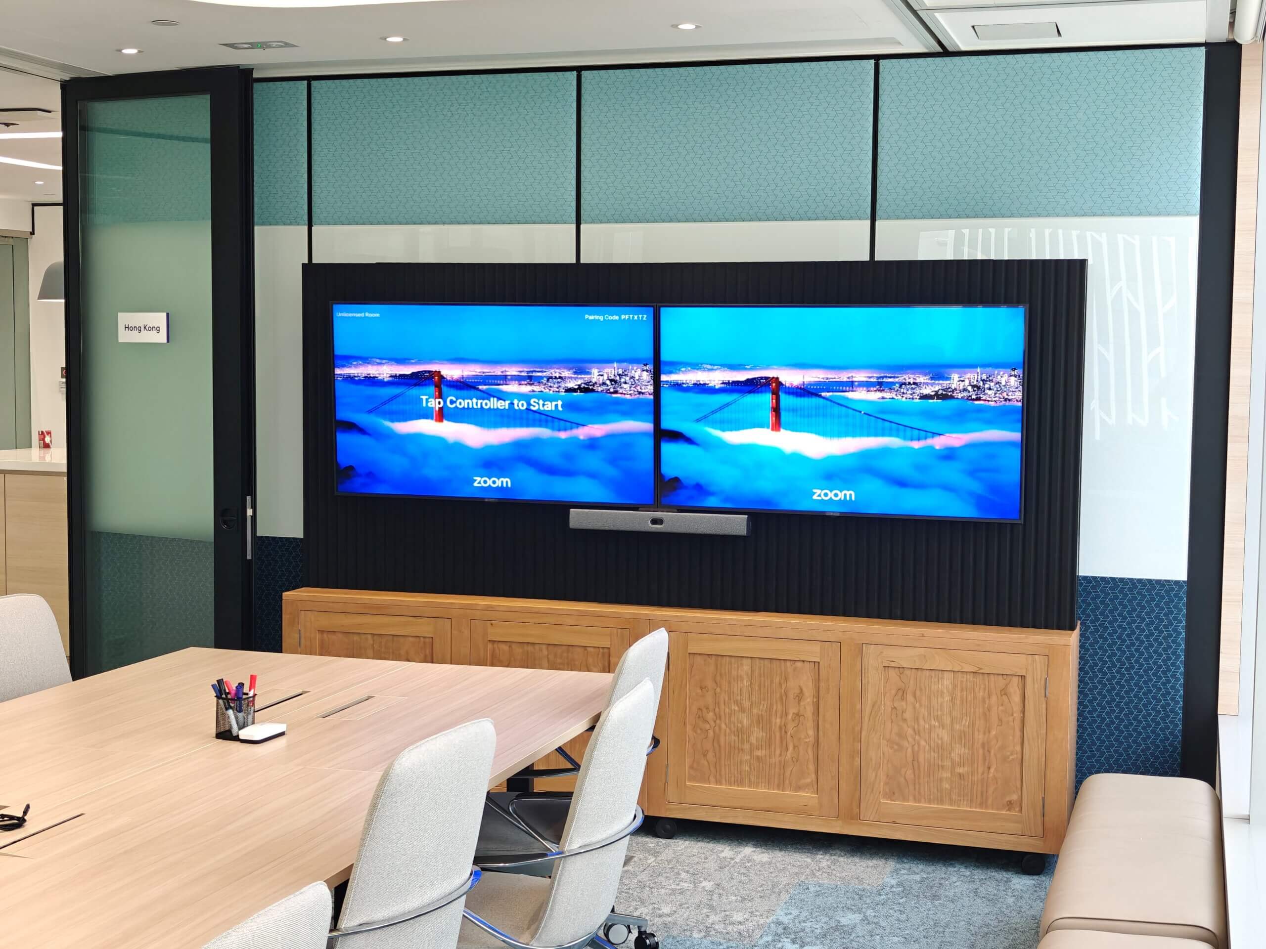ThinkingWall Cupboard Combi large mobile acoustic wooden cupboard divider with built-in AV in Enfusion board room in Hong Kong