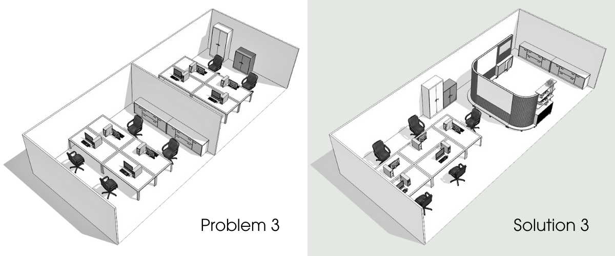 Office floorplans, the second with improved space and a removed dividing wall