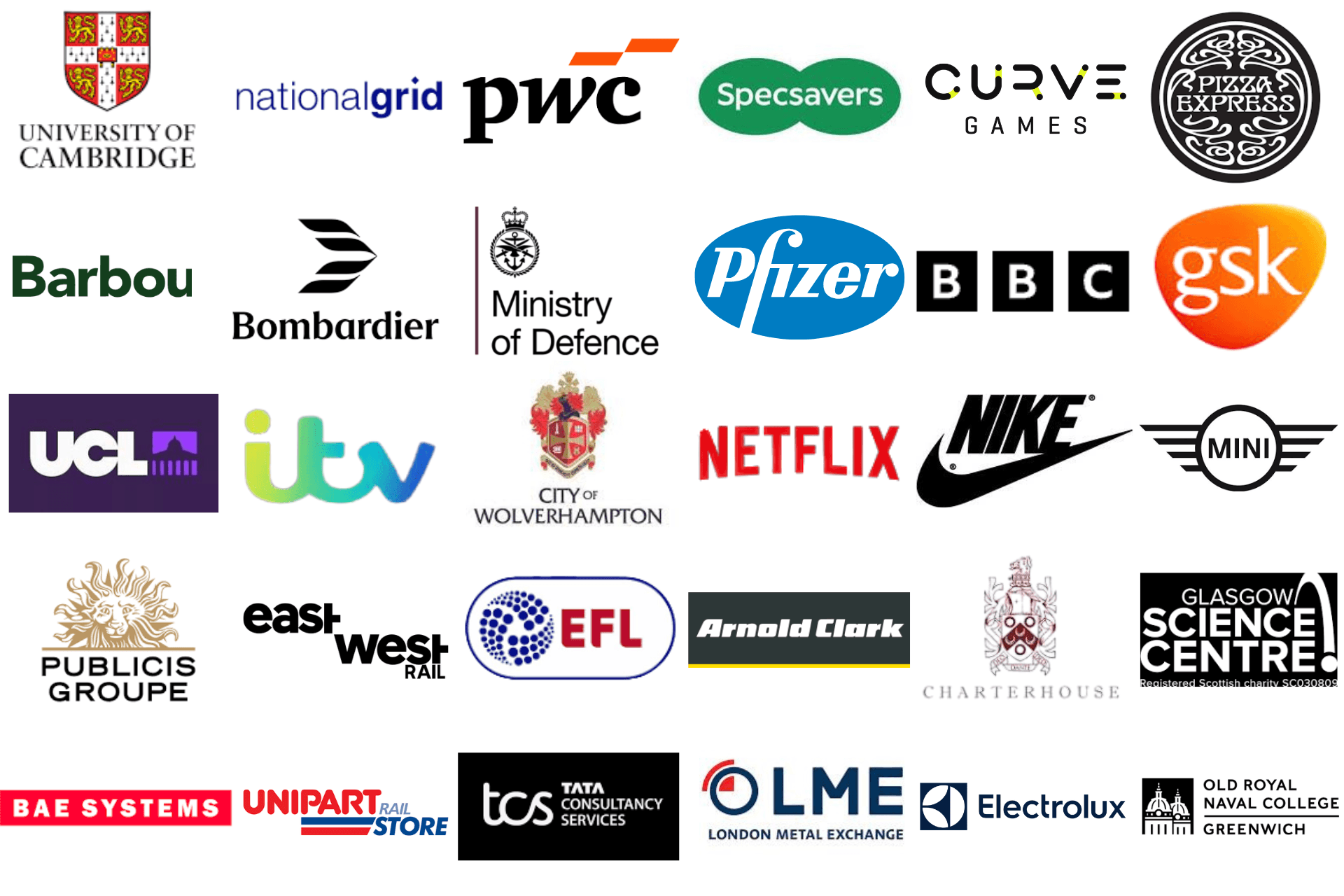 Logos including BBC, Netflix, LME, University of Cambridge, Nike, Barbour, GSK, PWC